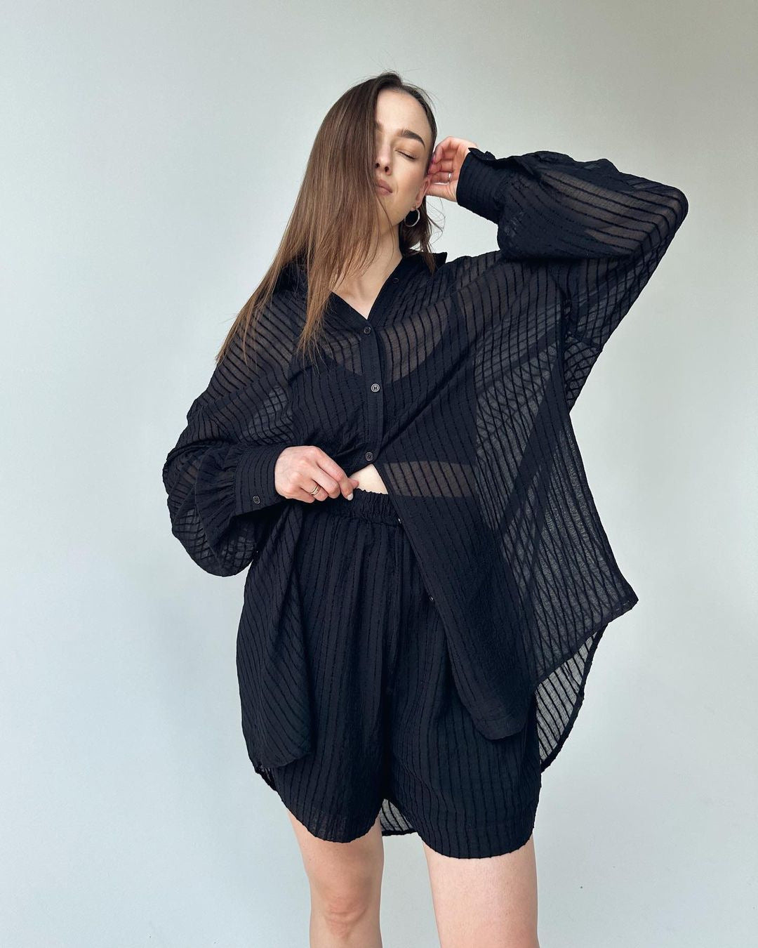 Women Clothing Suit Summer Casual Texture Long Sleeve Vertical Pattern Shirt Shorts Suit