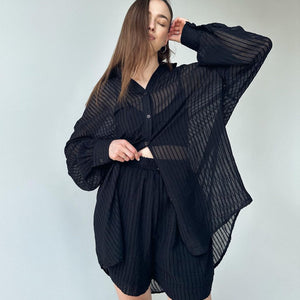 Women Clothing Suit Summer Casual Texture Long Sleeve Vertical Pattern Shirt Shorts Suit