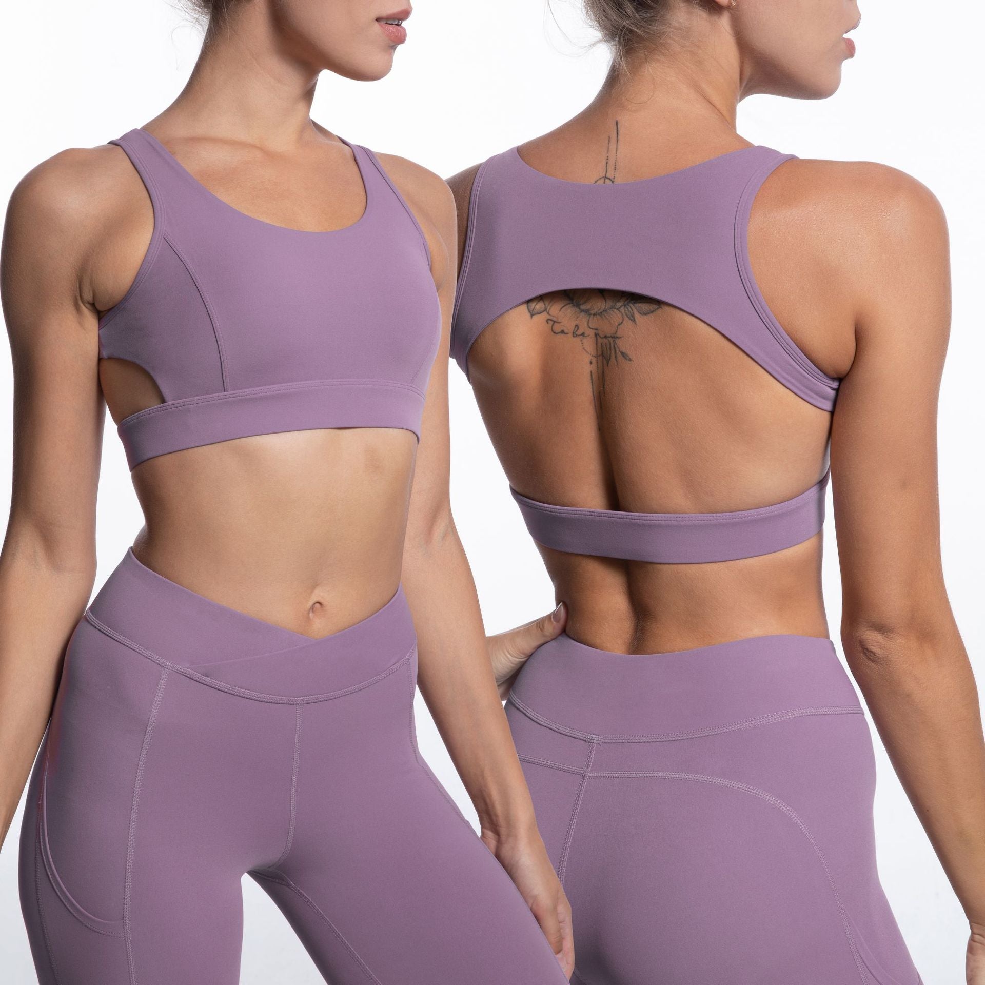 Tight Bare Back Sports Bra Cross Waist Double Pocket Sports Pants Yoga Suit