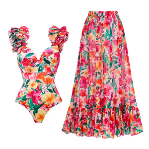 Floral Vintage Printed One Piece Swimsuit Women Skirt Two Piece Set