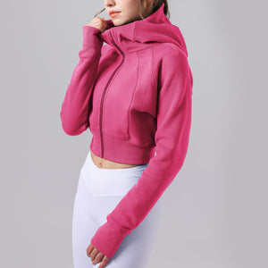 Casual Fleece lined Warm Yoga Clothes Short Loose Sweater Coat Women Hooded Fitness Sports Top Long Sleeve