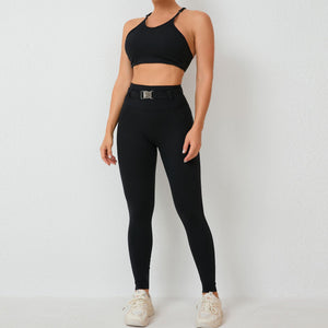 Imitation Denim Pocket Tight Yoga Suit Adjustable Waist Fitness Outerwear With Belt Sports Two Piece Set