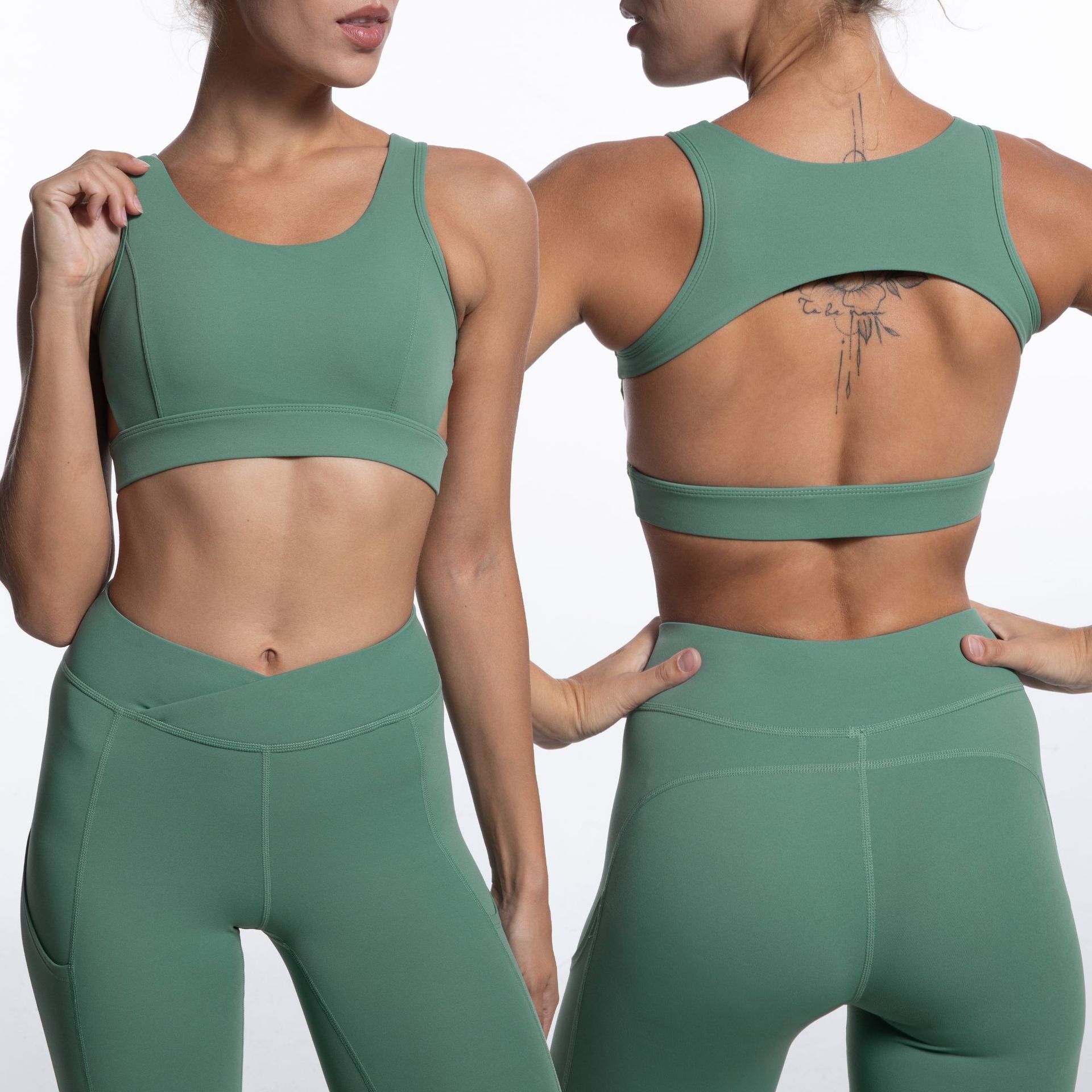 Tight Bare Back Sports Bra Cross Waist Double Pocket Sports Pants Yoga Suit