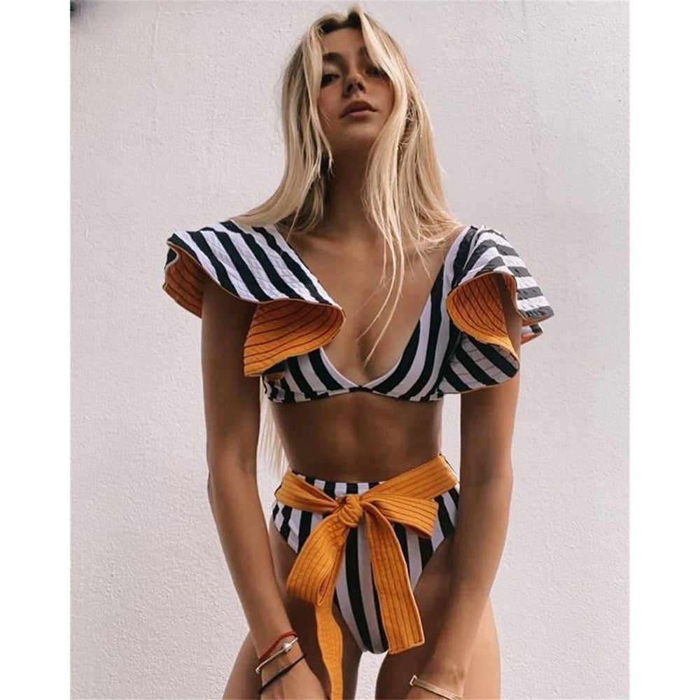 Split Swimsuit Women Bikini Striped Heavy Industry Pressure Line High Waist Bikini