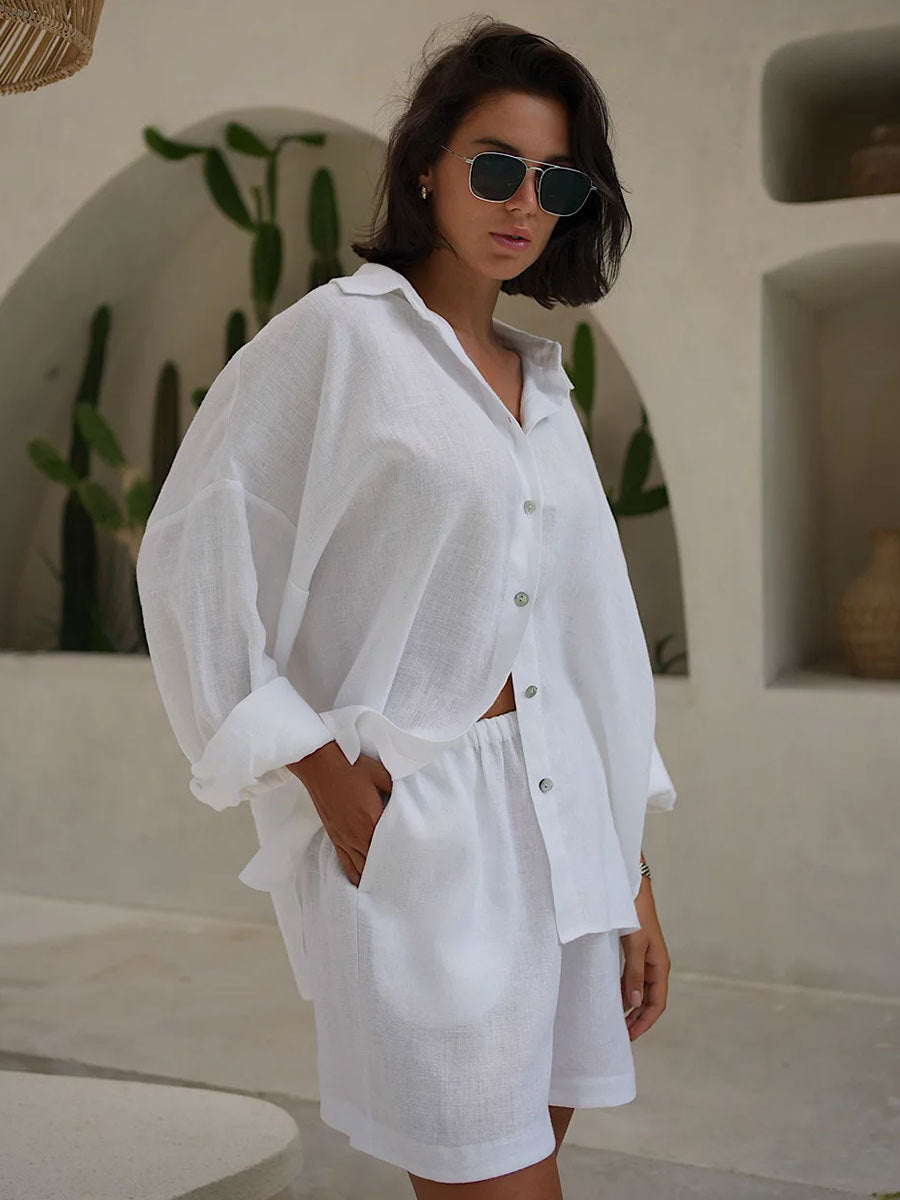 Shirt Outfit Summer Women Vacation Casual Loose Long Sleeved Shirt Shorts Suit