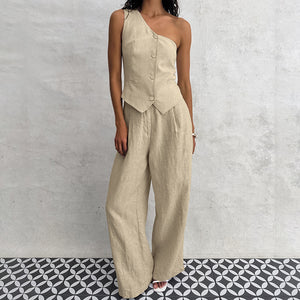 Spring Summer Cotton Linen Sleeveless Vest Irregular Asymmetric Collar Two Piece Set