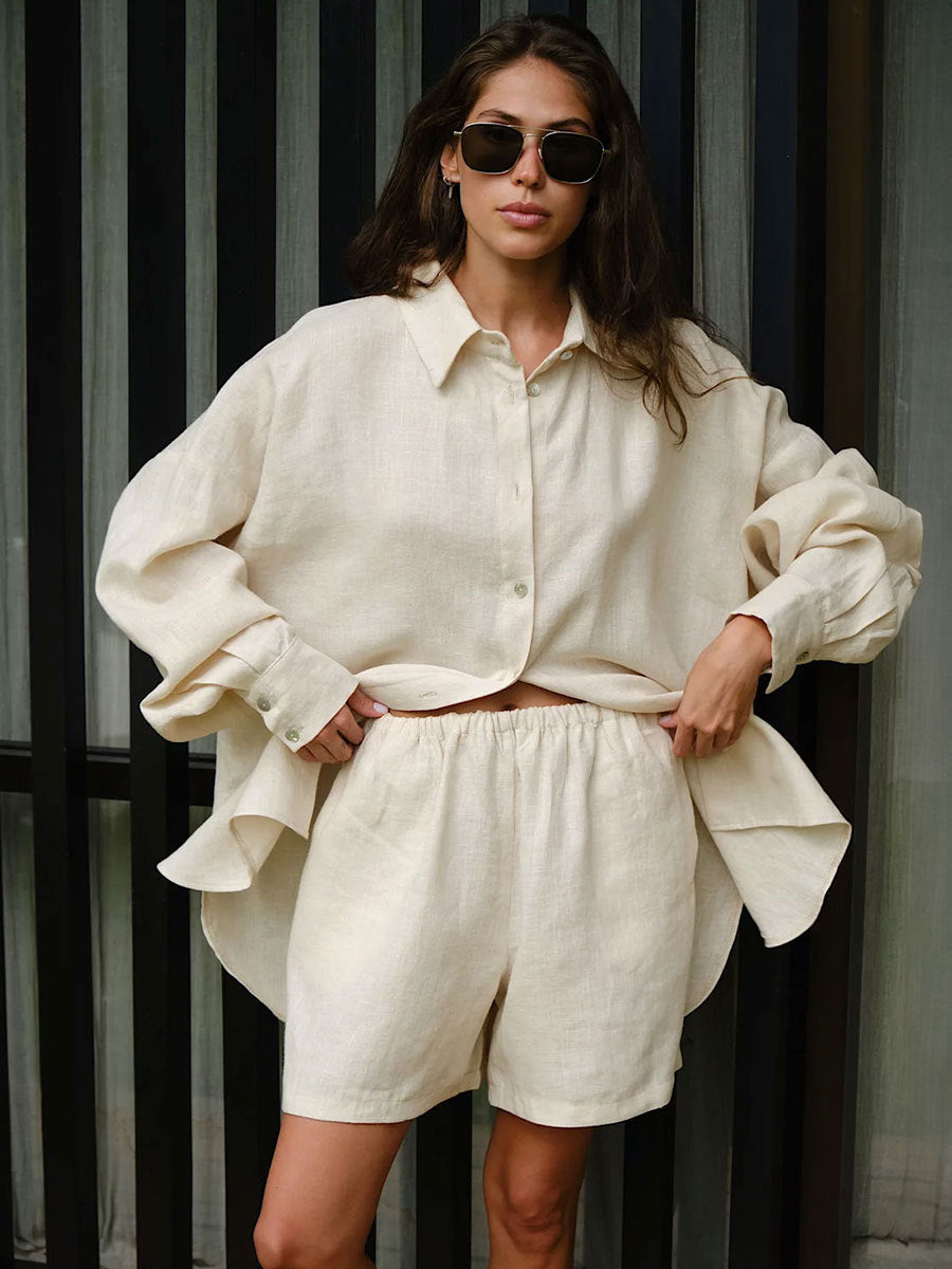 Shirt Outfit Summer Women Vacation Casual Loose Long Sleeved Shirt Shorts Suit