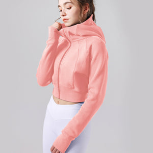 Casual Fleece lined Warm Yoga Clothes Short Loose Sweater Coat Women Hooded Fitness Sports Top Long Sleeve