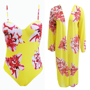 Women One Piece Swimsuit Two Piece Set Long Sleeve Mesh Blouse Sexy Printed Swimsuit