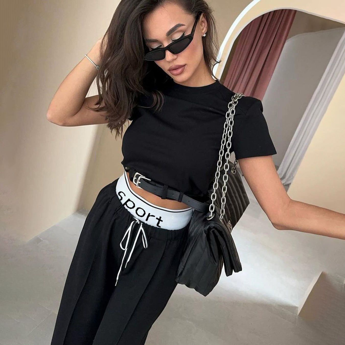 Short Sleeve Women Clothing High Grade Spring Cropped Belt Decorative Small Top Double Waist Sweatpants Two Piece Set