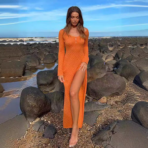 Summer Vacation Beach Dress Sexy Long Sleeve High Waist Slit Maxi Dress Mermaid Scales Smock Dress Women