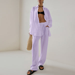 Spring Purple Cotton Linen Loose Long Sleeve Trousers Suit Office Two Piece Set for Women