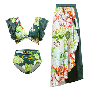 Vintage Printed Swimsuit Conservative Swimsuit Women Polyester Printed Beach Skirt Set