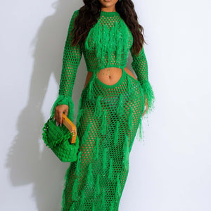 Women Clothing Handmade Tassel Knit Casual Hollow Out Cutout Out Sequin Beach Dress Long Skirt