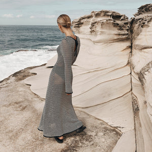 Mesh Striped Beach Vacation Sexy Dress Knitted Hollow Out Cutout Out Maxi Dress Blouse Summer