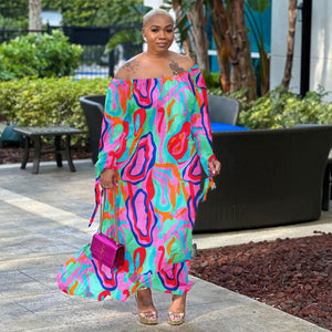 CM.YAYA Plus Size Women Floral Abstract Off Shoulder Long Sleeve Straight Loose Maxi Long Dress 2023 Summer Curve Fashion Dress