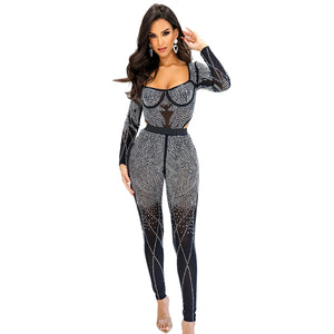 Women Solid Color Mesh Rhinestone Long Sleeved Trousers Jumpsuit