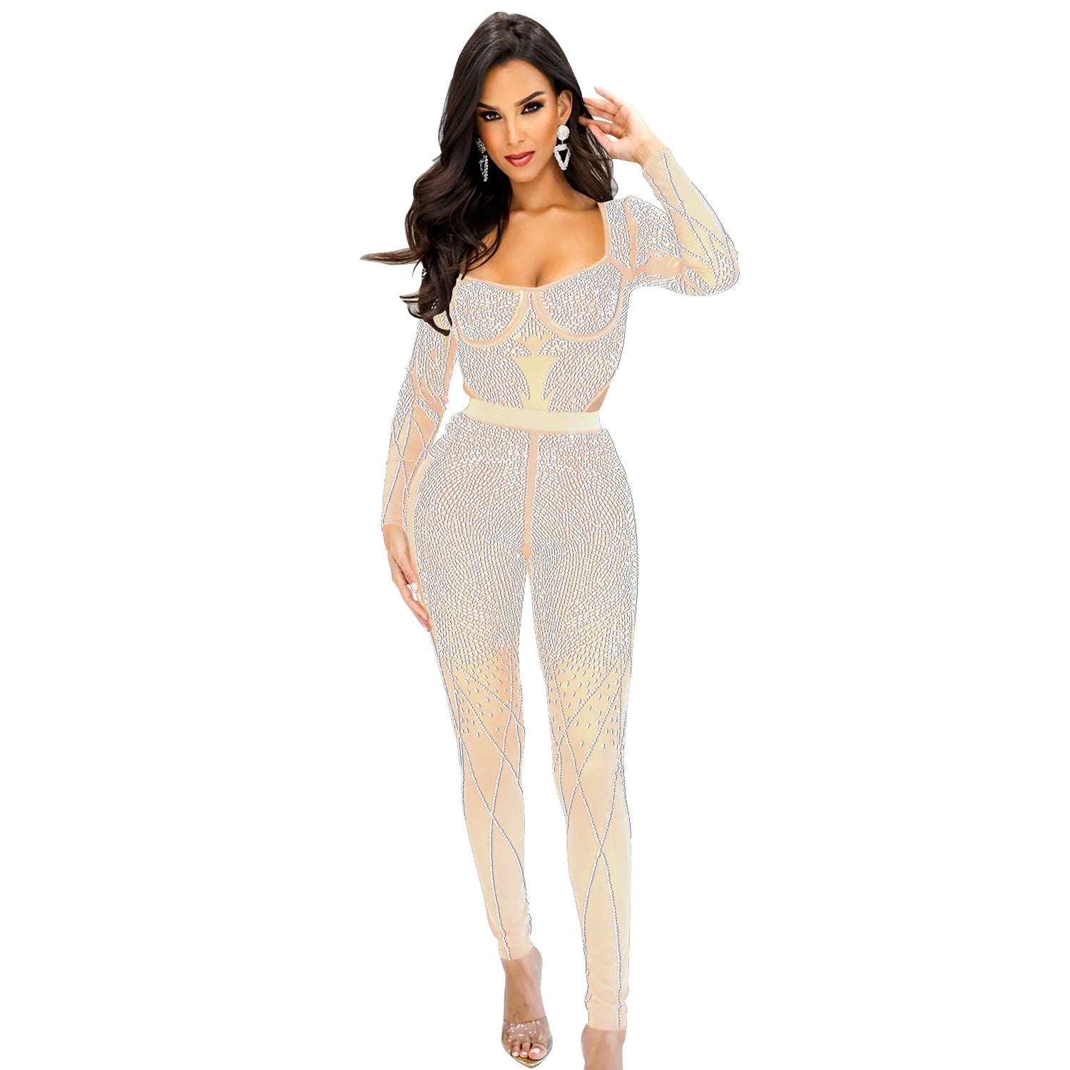 Women Solid Color Mesh Rhinestone Long Sleeved Trousers Jumpsuit
