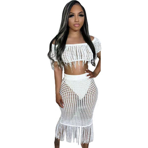 Sexy See through Knitted Hand Crochet Tassel Beach Suit