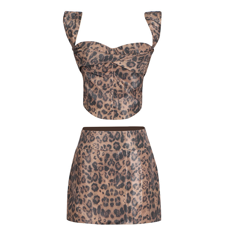 Summer Sexy Leopard Print Sling Short Top High Waist Short Hip Skirt Two Piece Set for Women
