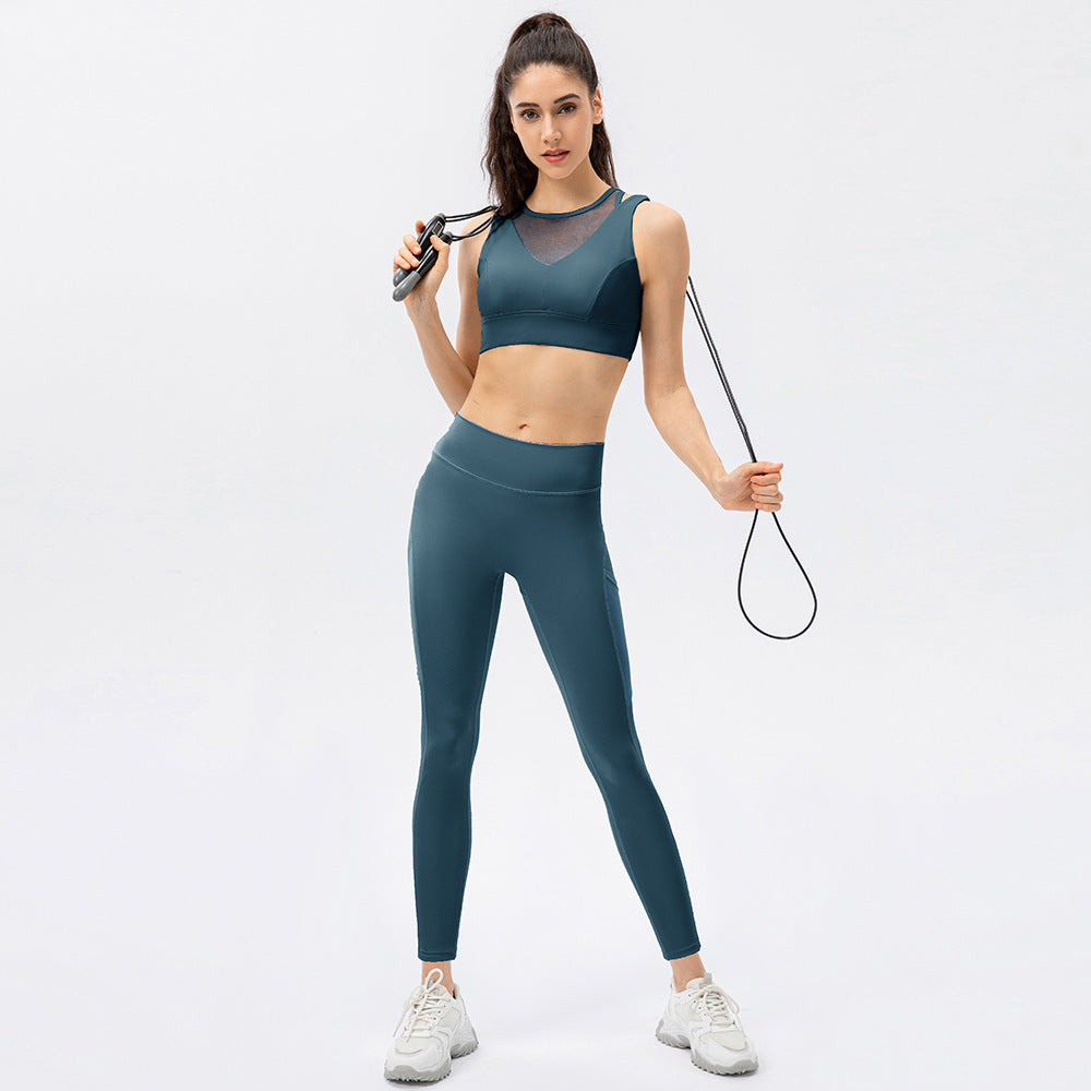 Women Yoga Suit Buckle Sports Bra Nude Feel Line Tight Trousers Running Training Fitness Two Piece Set