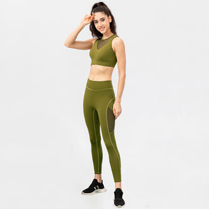 Women Yoga Suit Buckle Sports Bra Nude Feel Line Tight Trousers Running Training Fitness Two Piece Set