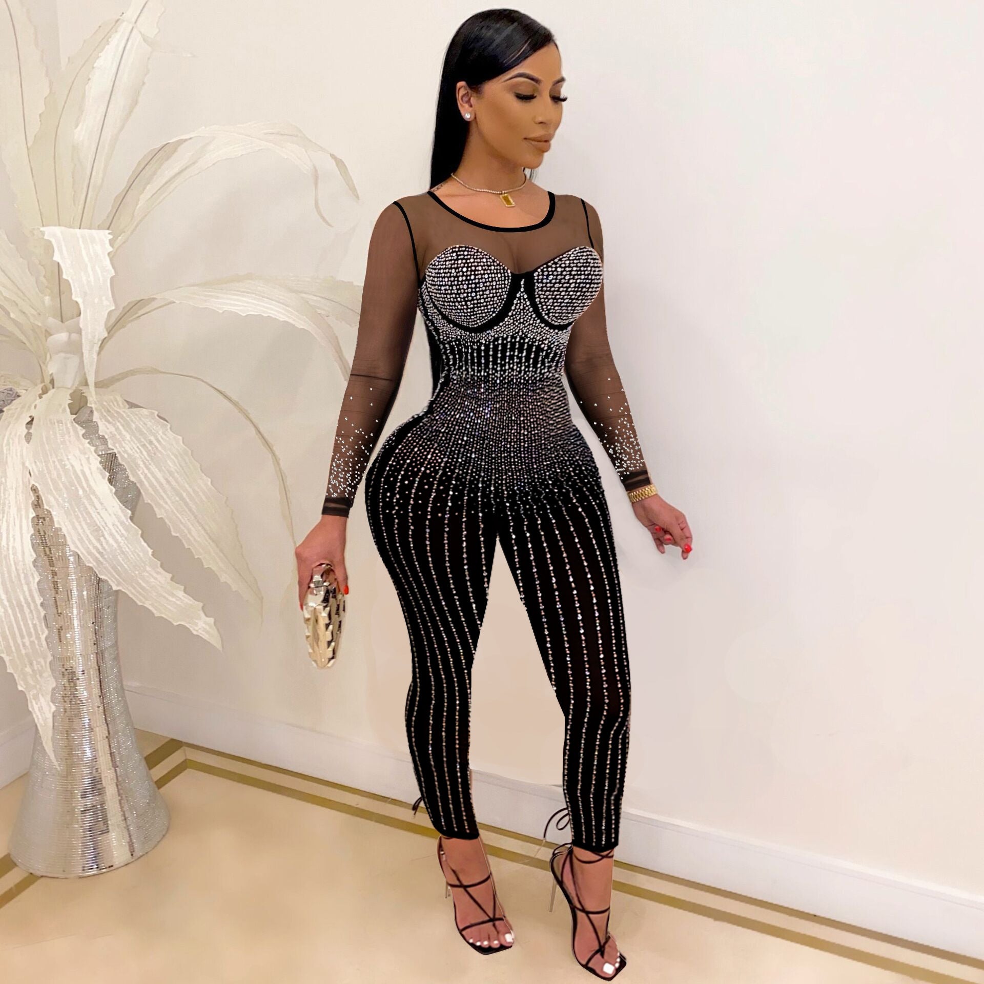 Women Clothing Sexy Mesh Rhinestone See-through Jumpsuit Long Sleeve N   Global Fashions GC