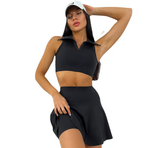 Yoga Clothes Women Summer Shirt Collar Yoga Vest Faux Two Pieces High Waist Anti-Exposure Yoga Exercise Skirt Outfit