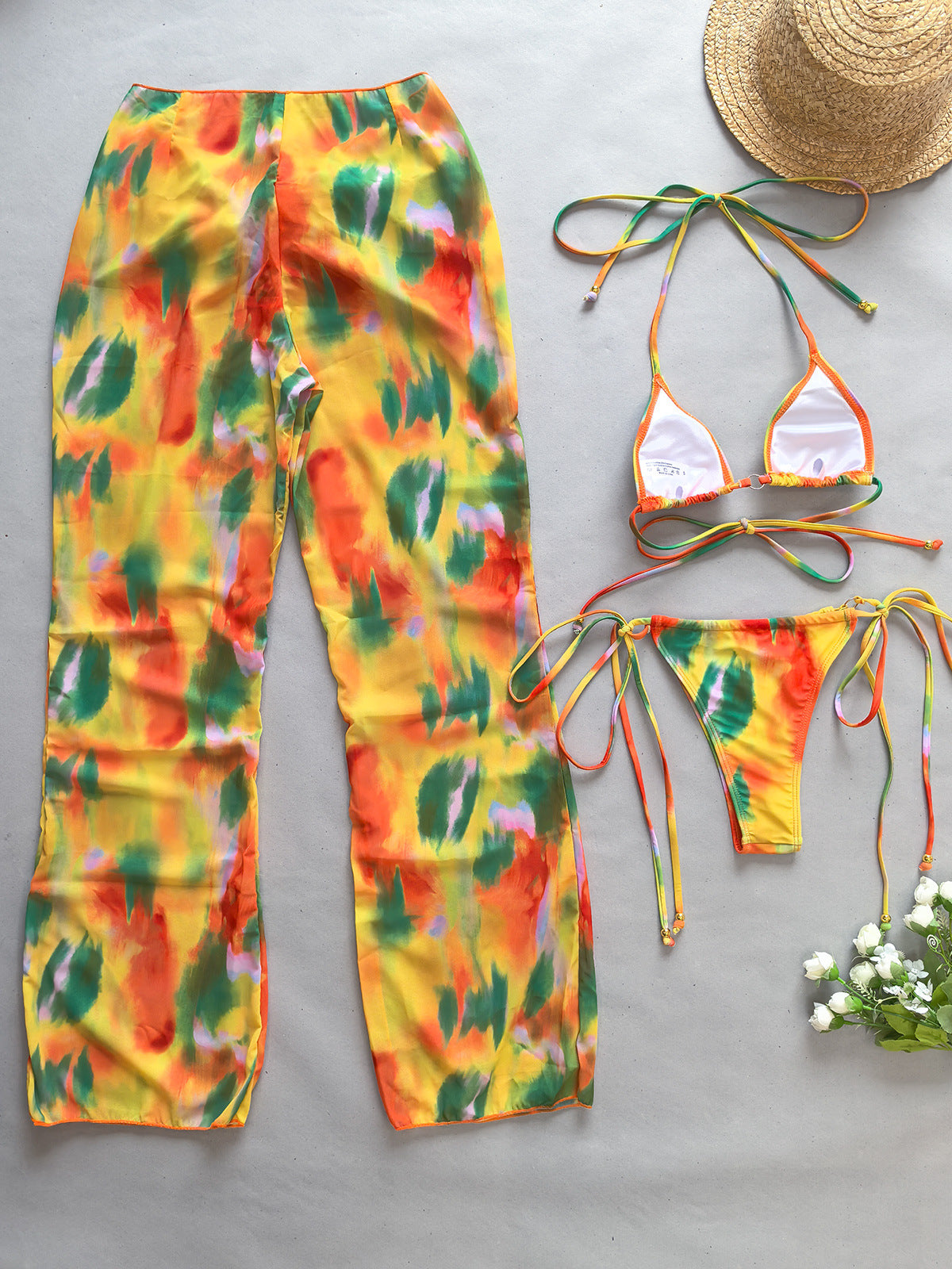 3Pcs Bikini Set Sexy Bikini Push UP Women Swimsuit Female Swimwear with Cover-Ups Bathing Suit Beachwear Print Pants 2024 New