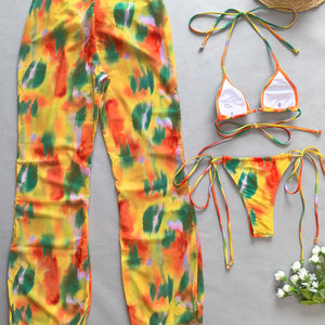 3Pcs Bikini Set Sexy Bikini Push UP Women Swimsuit Female Swimwear with Cover-Ups Bathing Suit Beachwear Print Pants 2024 New