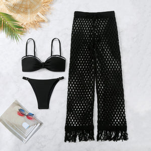 Pure Black Bikini Mesh Pants Three Piece Set Tube Top Bikini Sexy