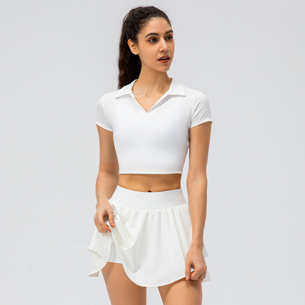 Spring Summer Women Tennis Skirt Set Nude Feel Skin-Friendly Sports Short-Sleeved Top Loose Running Short Skirt False-Two-Piece Skirted Leggings