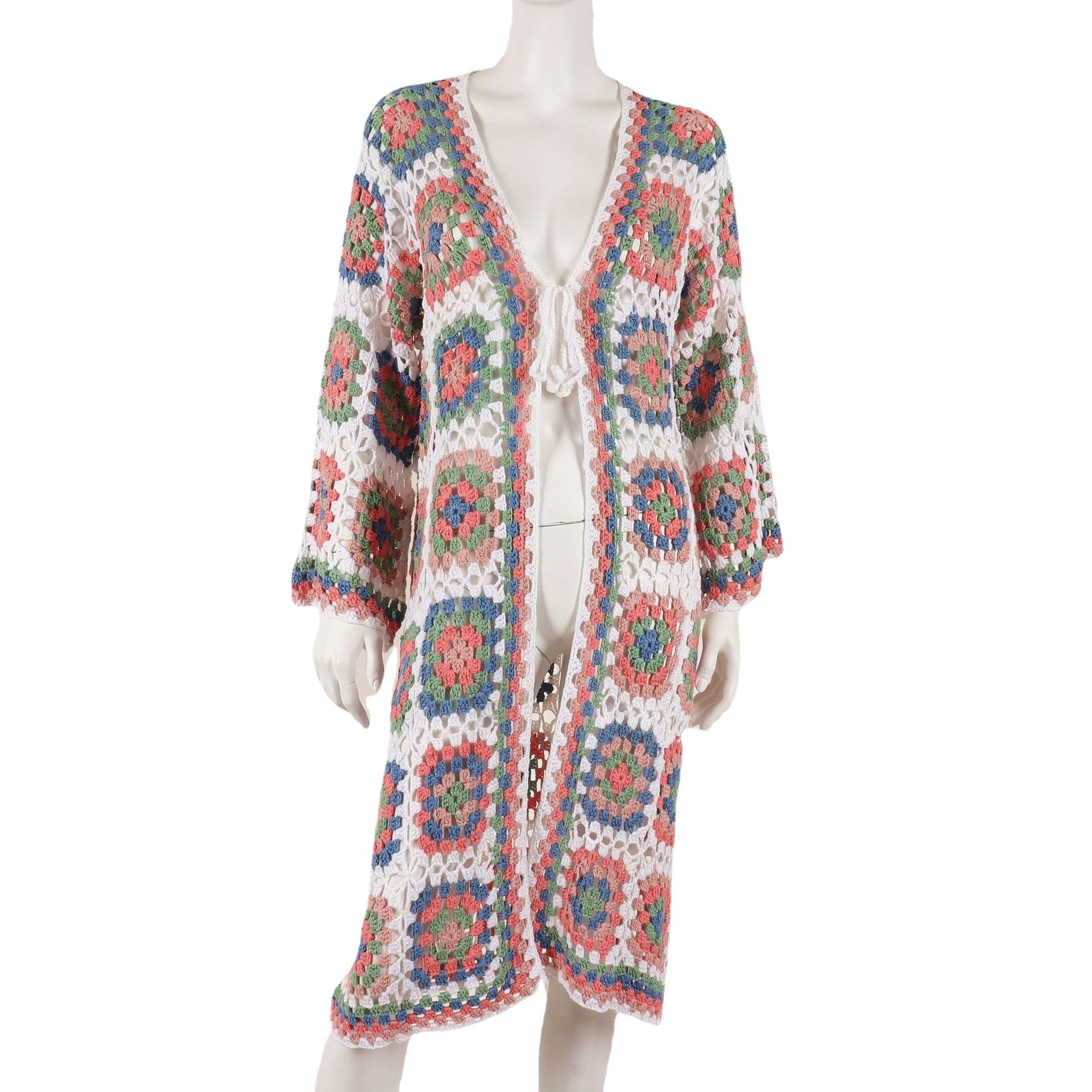 Women Hollow Out Cutout Crochet Cardigan Beachwear Color Long Cut Coat Dress