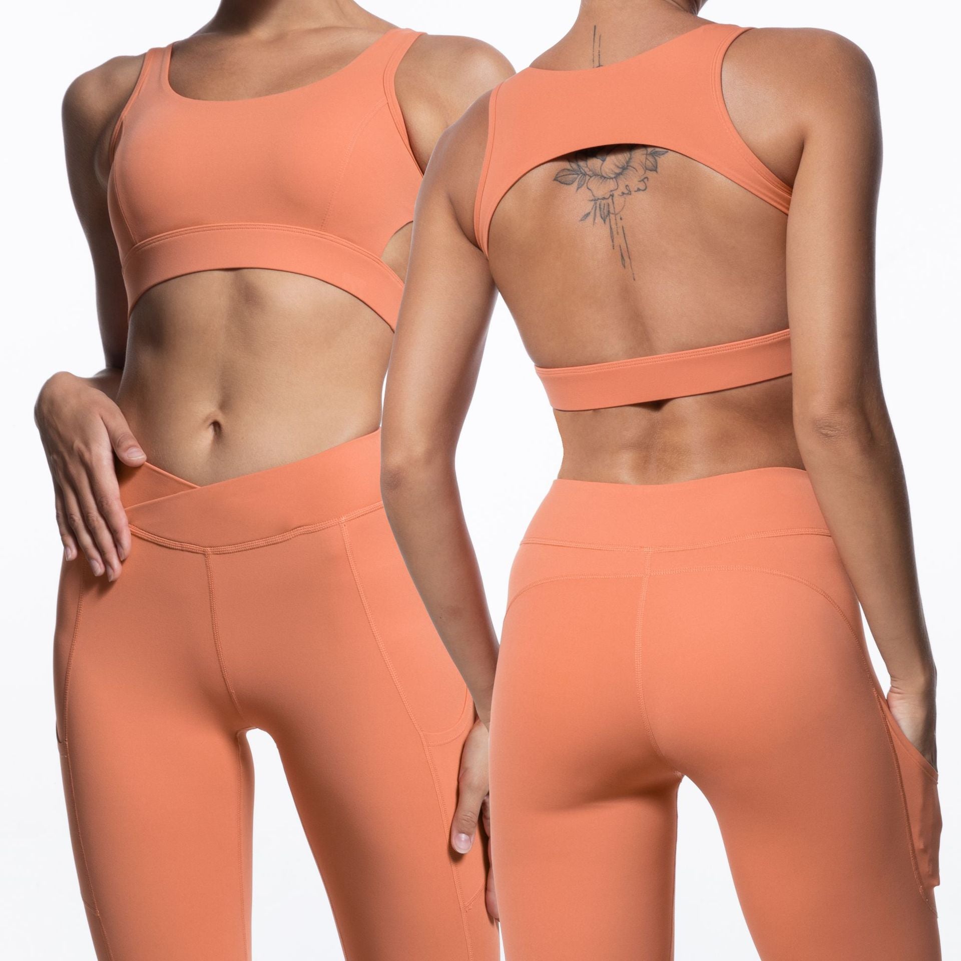 Tight Bare Back Sports Bra Cross Waist Double Pocket Sports Pants Yoga Suit