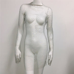 Women Grid Rhinestone Fishnet Dress Sexy Bikini Cover Up Fishnet Beach Dress