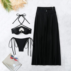 Pure Black Bikini Three Piece Set Split Swimsuit Long Skirt Bikini