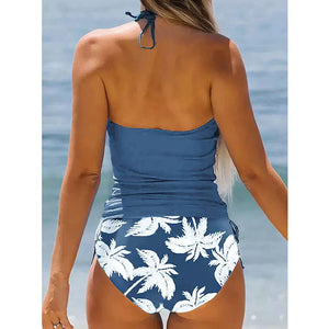 2024 Sexy Solid Print Tankini Set Tied Halter Swimsuit Women Swimwear Biquinis Summer Backless Beach Bathing Suit