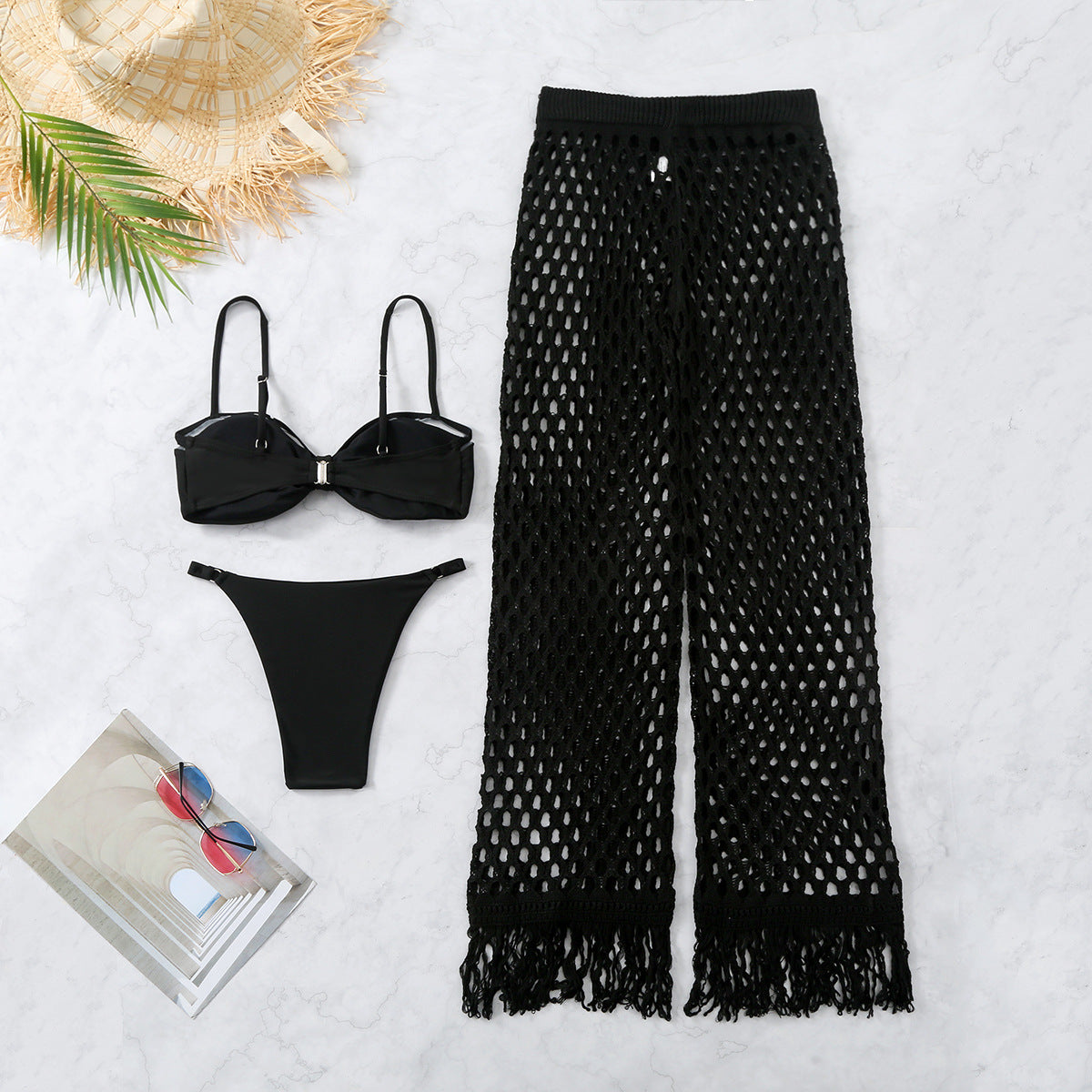 Pure Black Bikini Mesh Pants Three Piece Set Tube Top Bikini Sexy