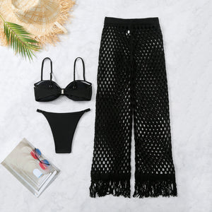 Pure Black Bikini Mesh Pants Three Piece Set Tube Top Bikini Sexy