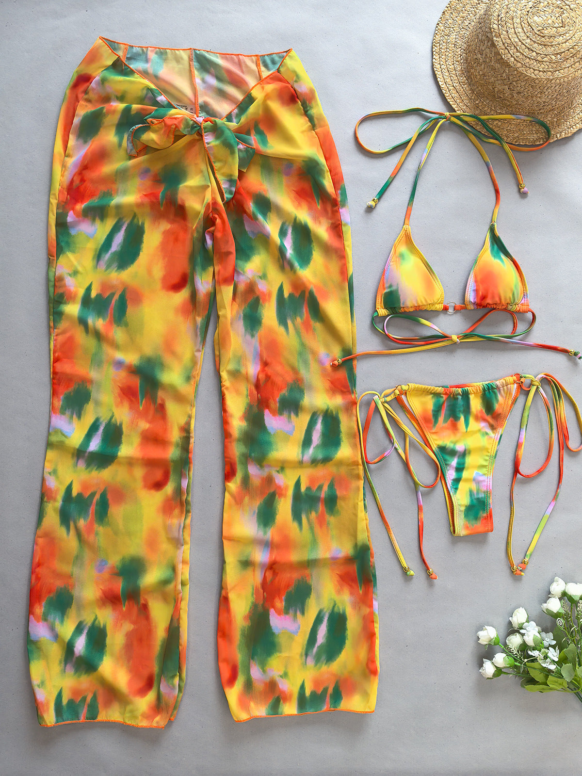 3Pcs Bikini Set Sexy Bikini Push UP Women Swimsuit Female Swimwear with Cover-Ups Bathing Suit Beachwear Print Pants 2024 New