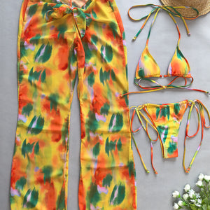 3Pcs Bikini Set Sexy Bikini Push UP Women Swimsuit Female Swimwear with Cover-Ups Bathing Suit Beachwear Print Pants 2024 New