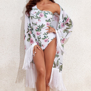 Bikini Two Piece Set Print Long Sleeved Blouse One Piece One Shoulder Swimsuit for Women