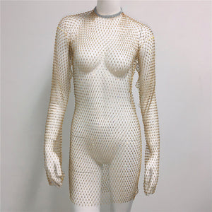 Women Grid Rhinestone Fishnet Dress Sexy Bikini Cover Up Fishnet Beach Dress