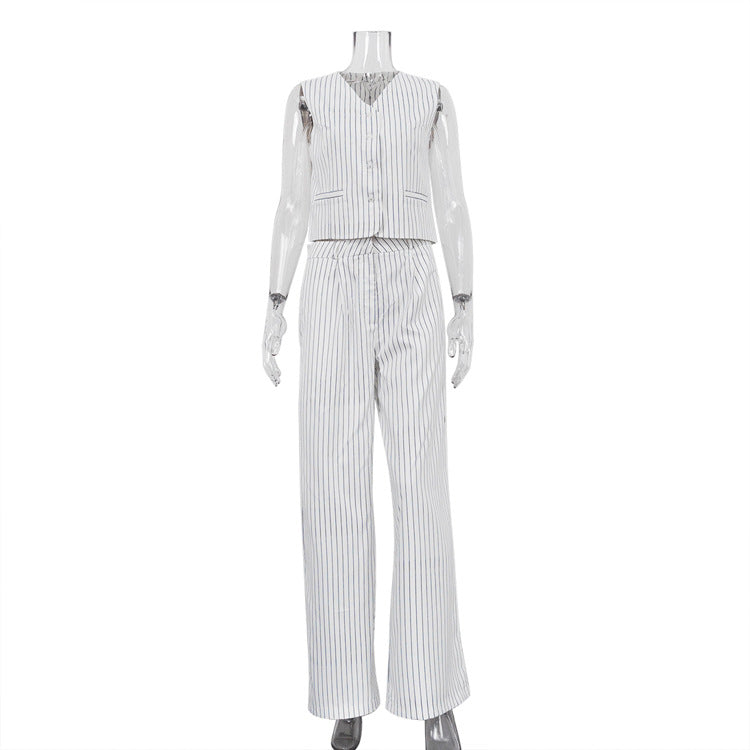 Striped Vest Trousers Summer Women Casual Wear Office Two Piece Set