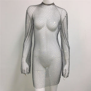 Women Grid Rhinestone Fishnet Dress Sexy Bikini Cover Up Fishnet Beach Dress