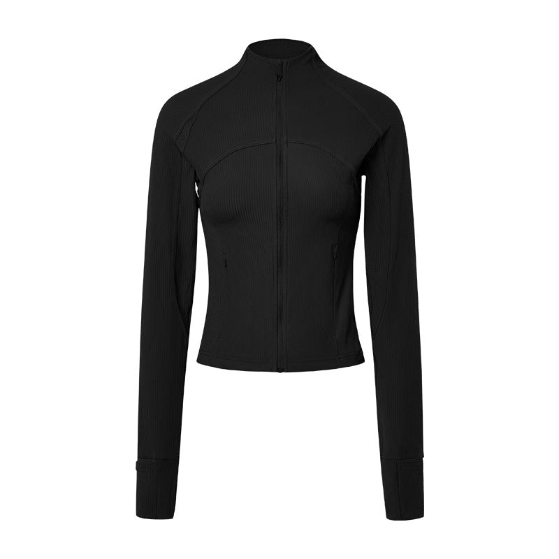 Vertical Rib High Elastic Tight Wicking Wet Yoga Jacket Sports Running Zipper Short Jacket