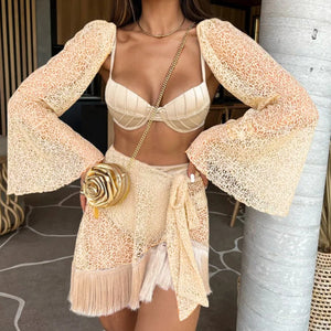 Bikini Three Piece Long Sleeve Tassel Sexy Split Swimsuit Women Bikini