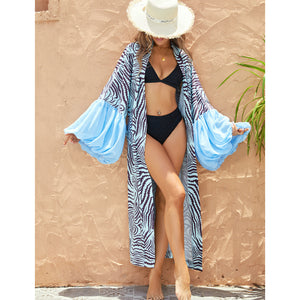 Zebra Striped Long Cardigan Bikini Cover-up Long Sleeve Blouse Beach