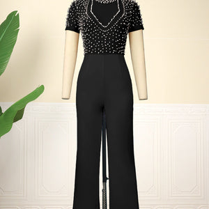 Round Neck Short Sleeve Beaded Jumpsuit Casual High Waist Slimming Party Dress Jumpsuit