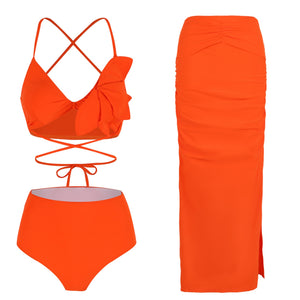 Solid Color High Waist Split Swimsuit Bikini Skirt Three Piece Set Strap Bikini
